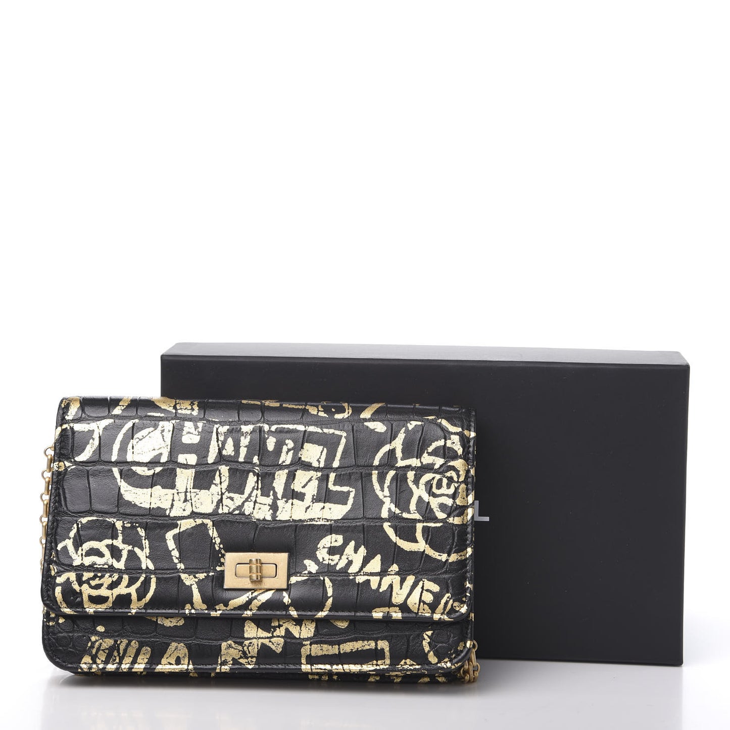 Calfskin Crocodile Embossed Graffiti 2.55 Cocodile Reissue Wallet On Chain WOC Black Gold