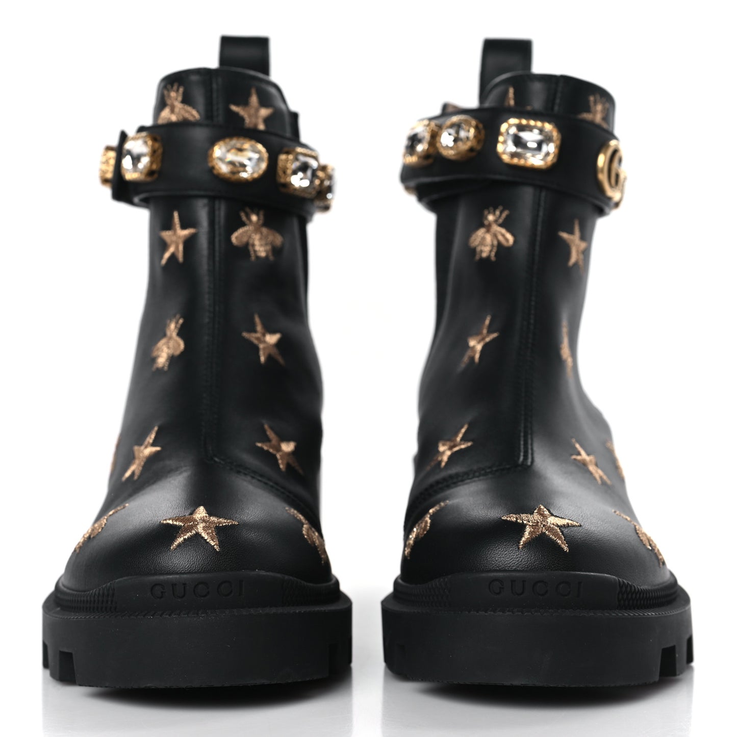 Calfskin Bee Star Embroidered Belt Ankle Boots 36.5 Black