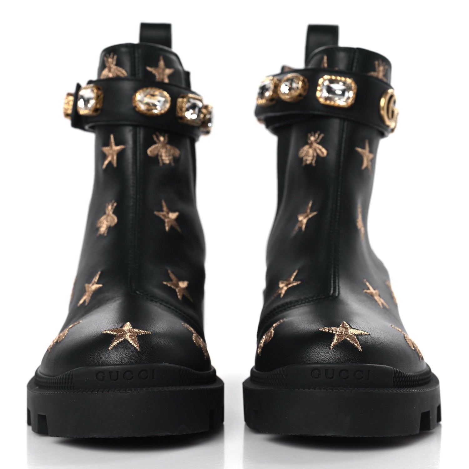 Gucci Calfskin Bee Star Embroidered Belt Ankle Boots 36.5 Black 2 of 9