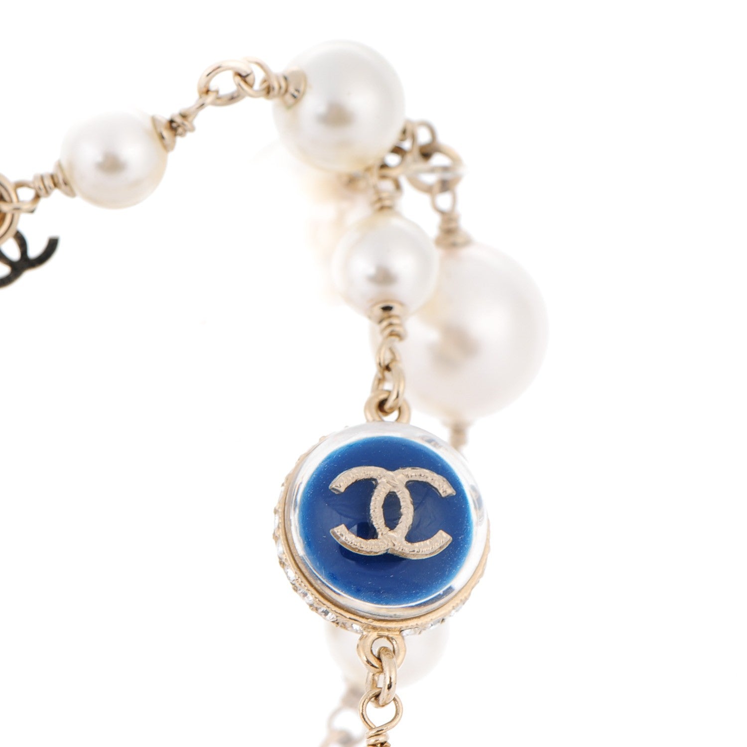 Chanel Pearl Resin Crystal CC Long Necklace Gold Blue 3 of 4