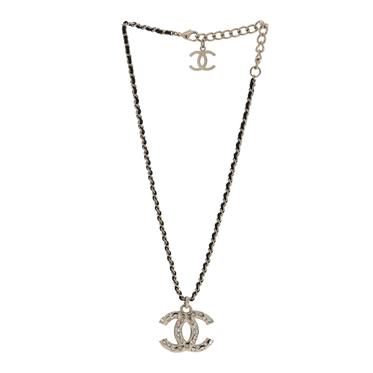 Chanel Lambskin Crystal CC Chain Pendant Necklace Black Gold 3 of 5