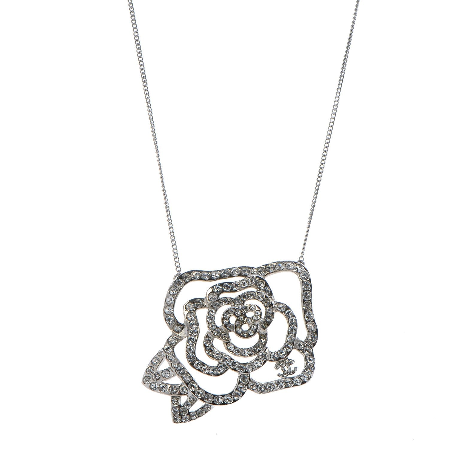 Chanel Swarovski Crystal Camellia CC Necklace Silver 1 of 7