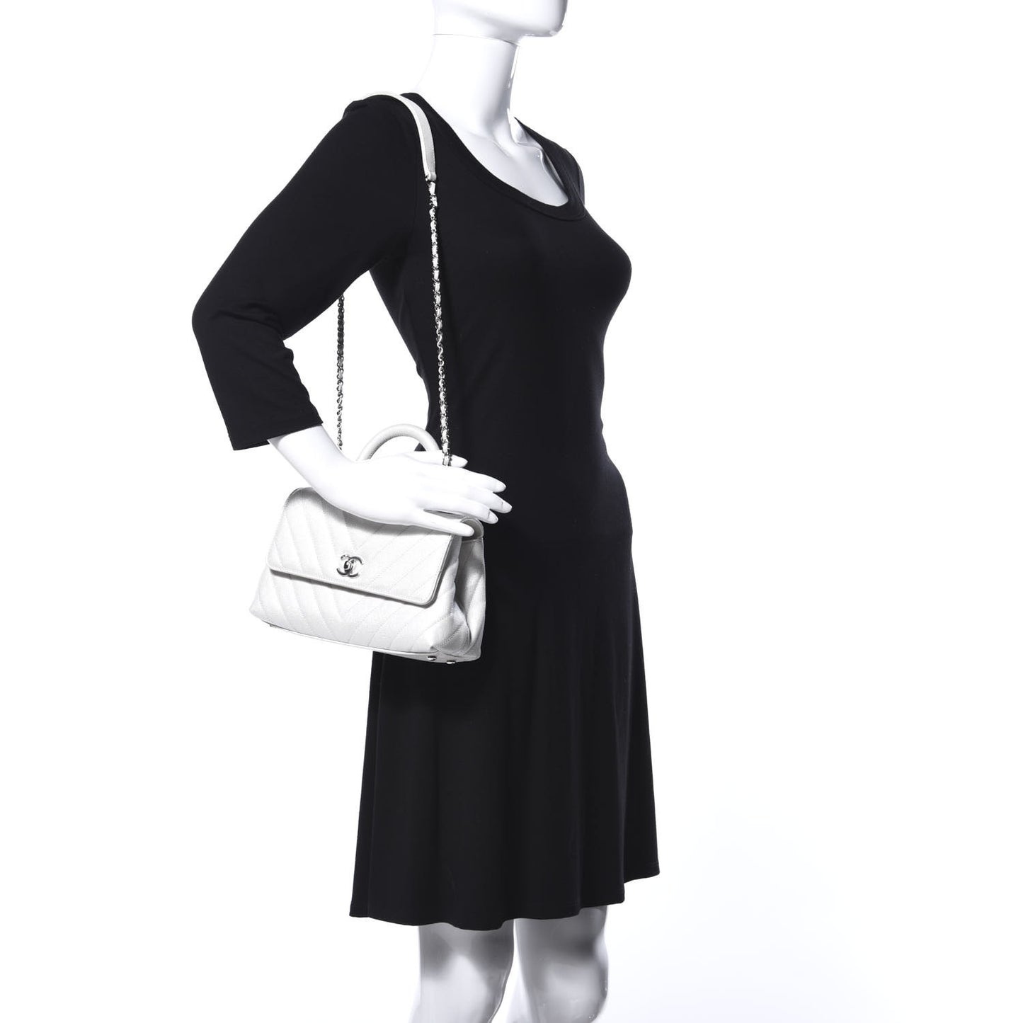 Iridescent Caviar Chevron Quilted Mini Coco Handle Flap White