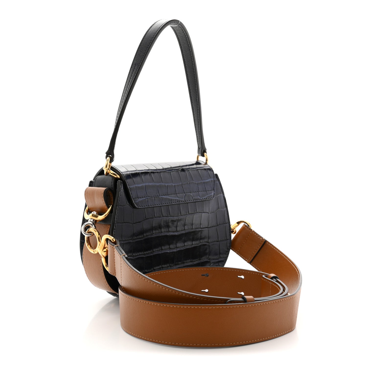 Chloe Calfskin Crocodile Embossed Small Tess Bag Full Blue 3 of 11