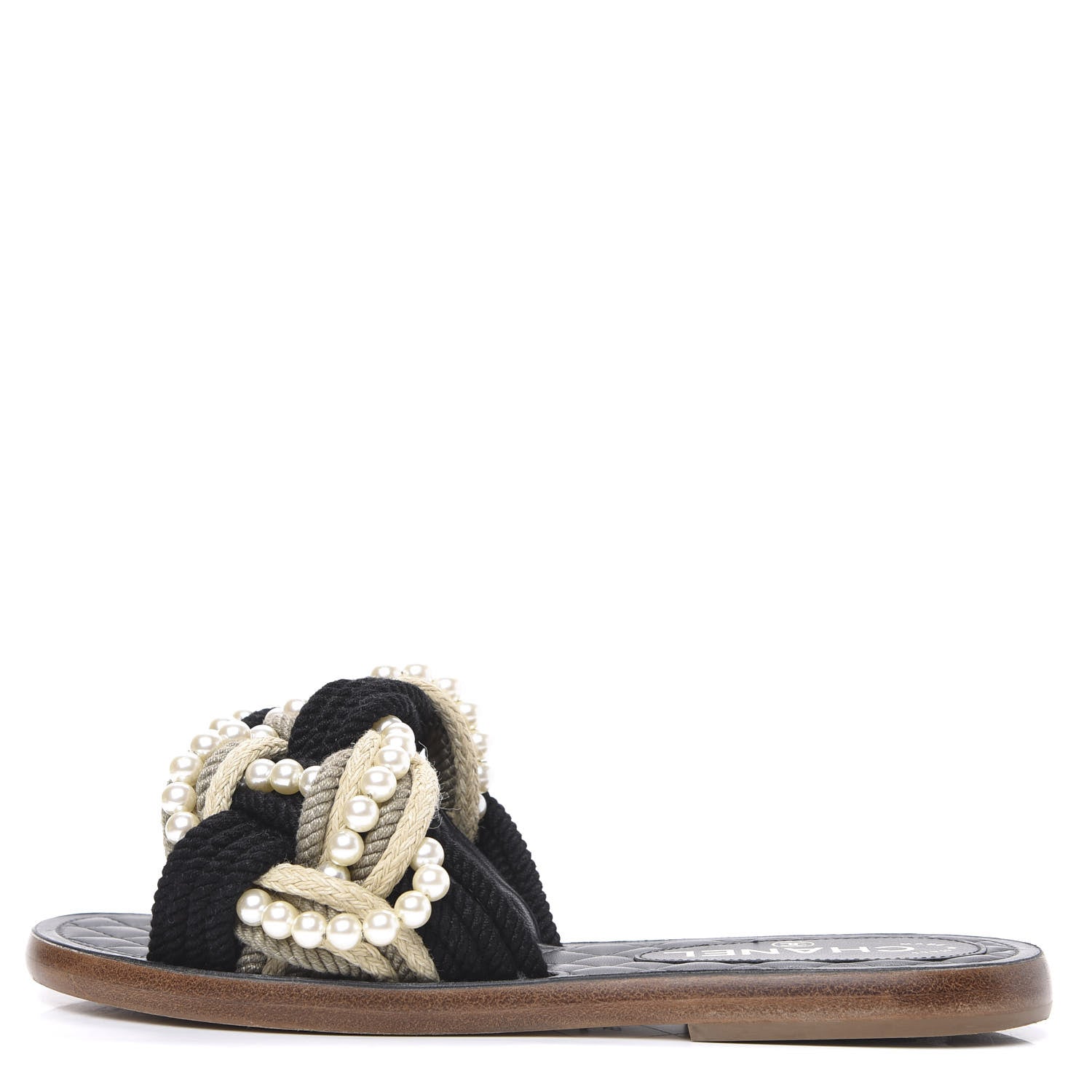 Chanel Lambskin Pearl Cord CC Mules 35 Black Beige 1 of 9