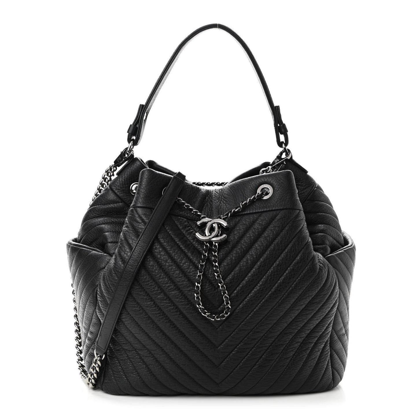 Deerskin Chevron Large CC Chain Bucket Drawstring Bag Black
