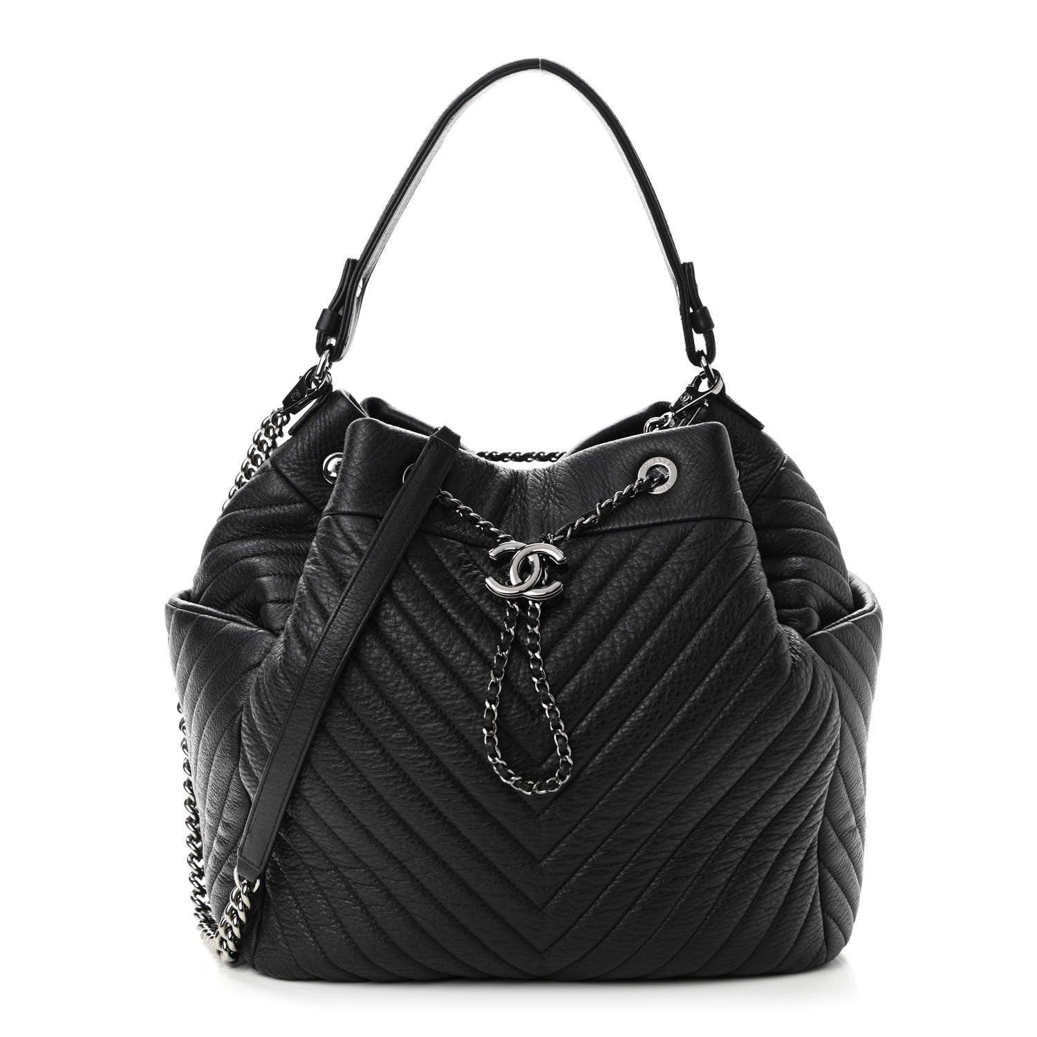 Chanel Deerskin Chevron Large CC Chain Bucket Drawstring Bag Black 1 of 13