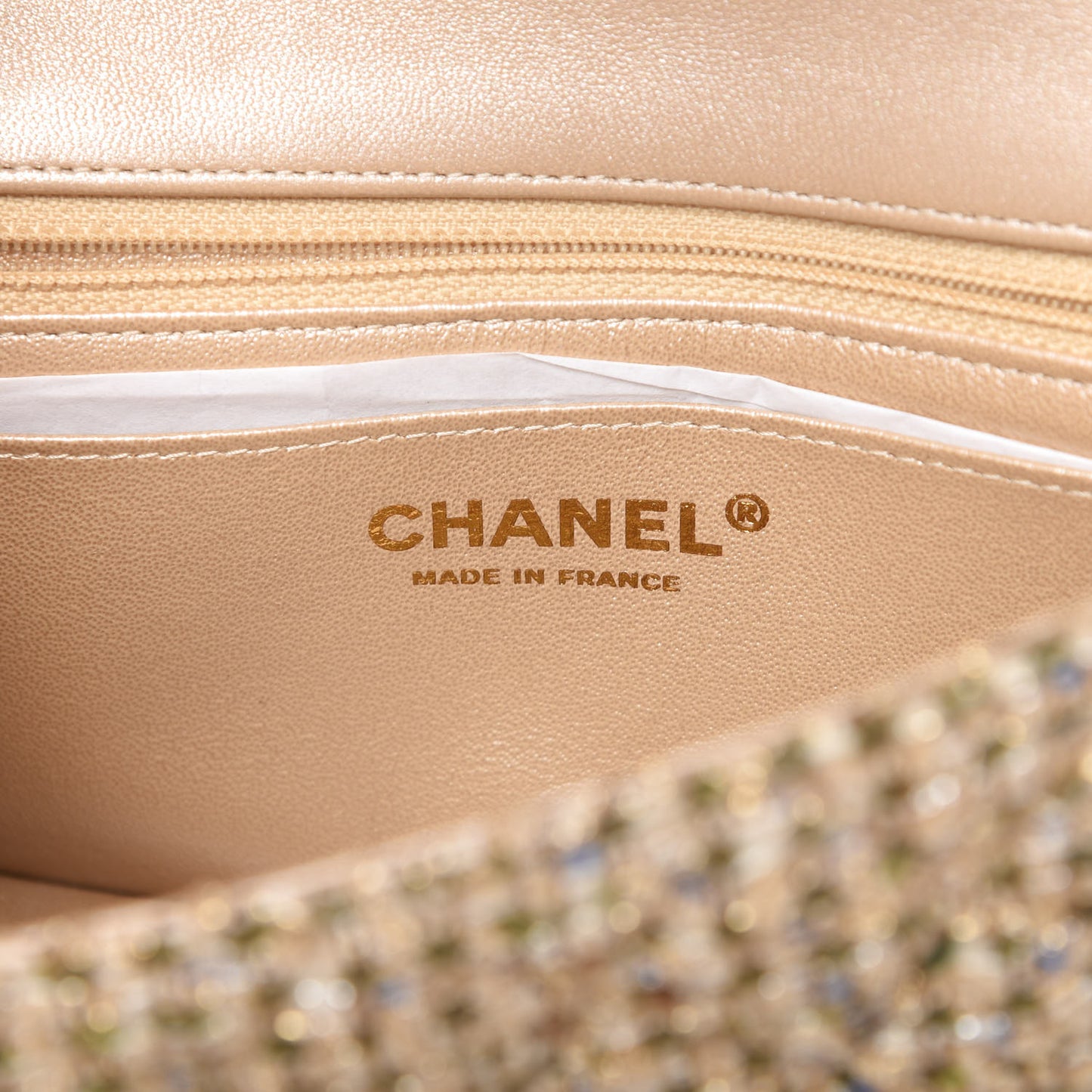 Tweed Quilted Mini Rectangular Flap Beige