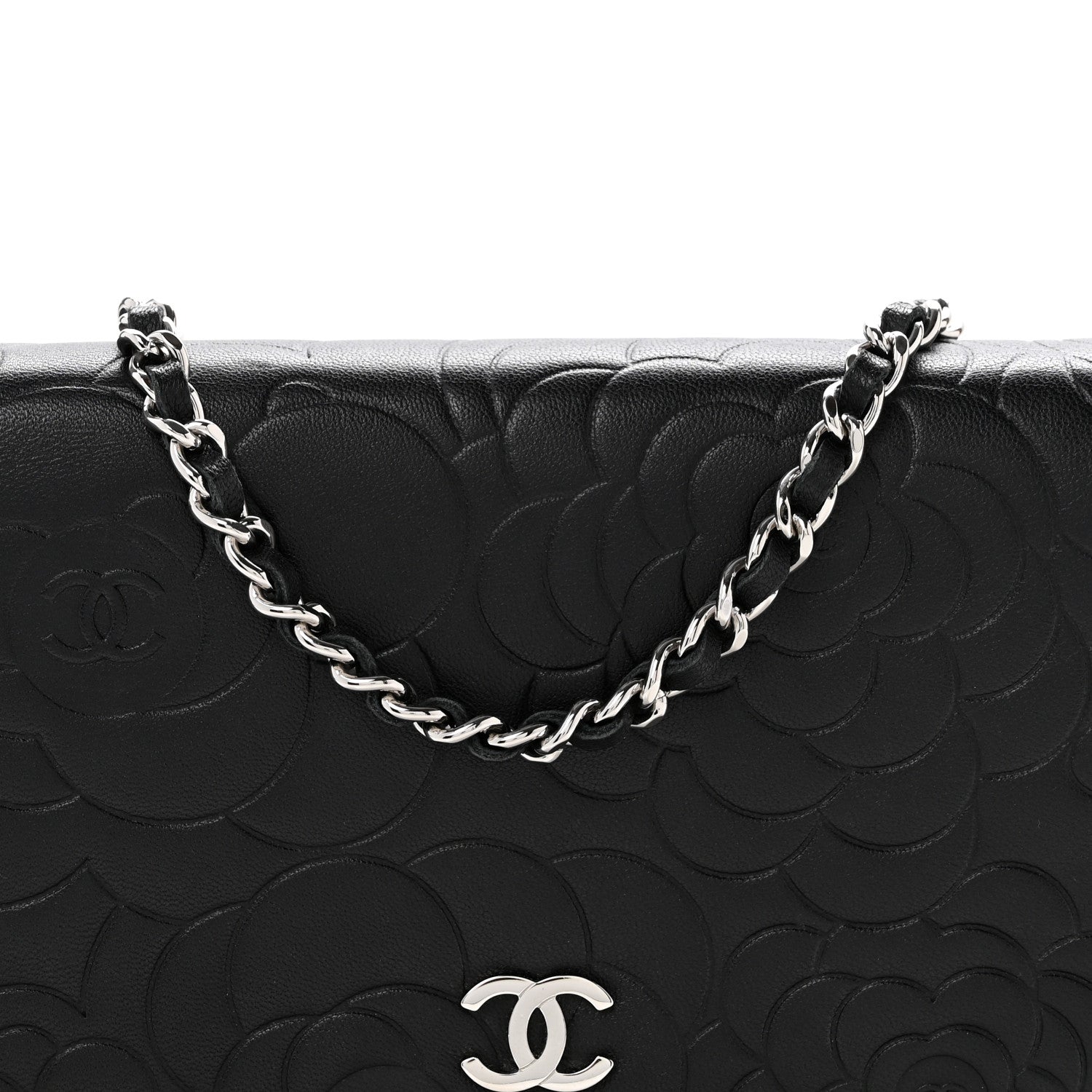 Chanel Lambskin Camellia Embossed Wallet On Chain WOC Black 9 of 15