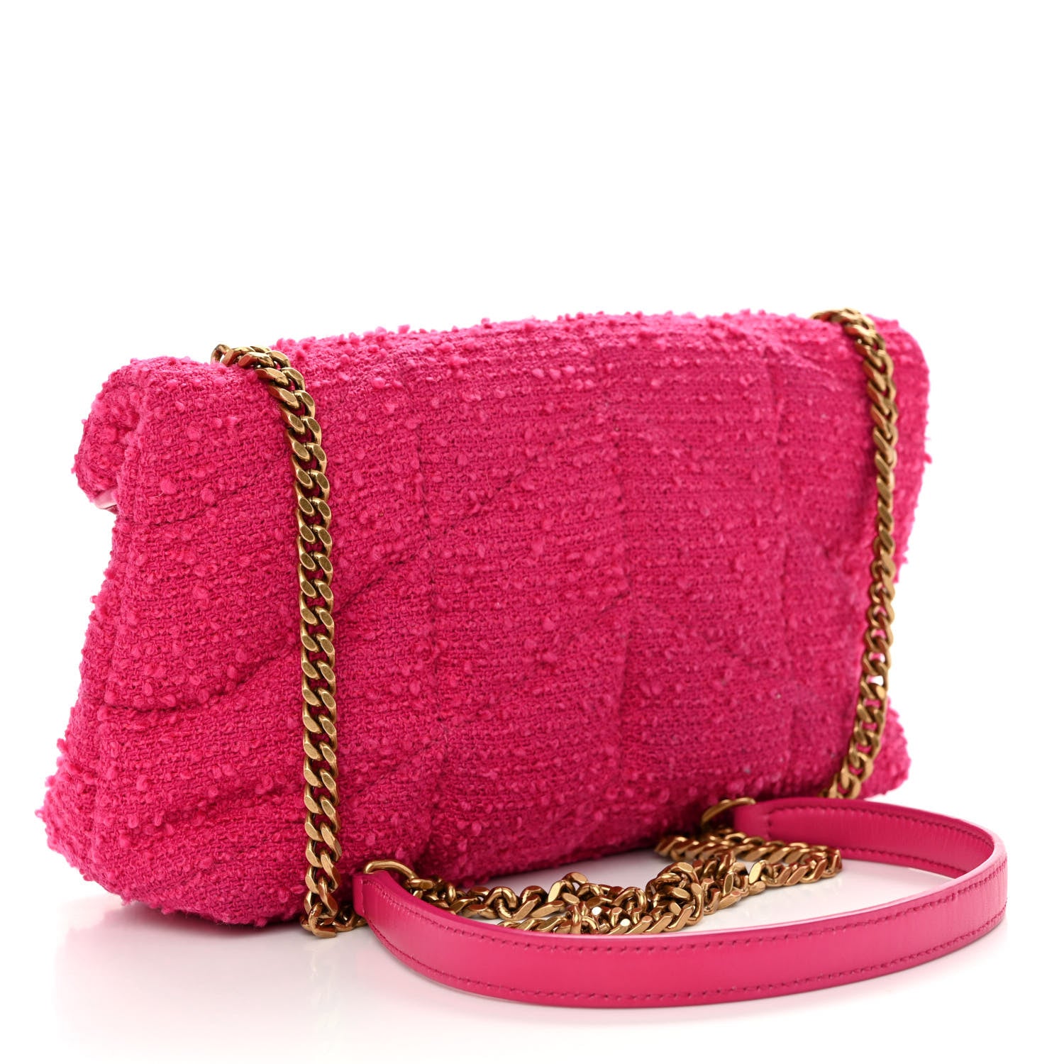 Saint Laurent Boucle Tweed Quilted Toy Loulou Puffer Monogram Chain Satchel Magenta 3 of 9