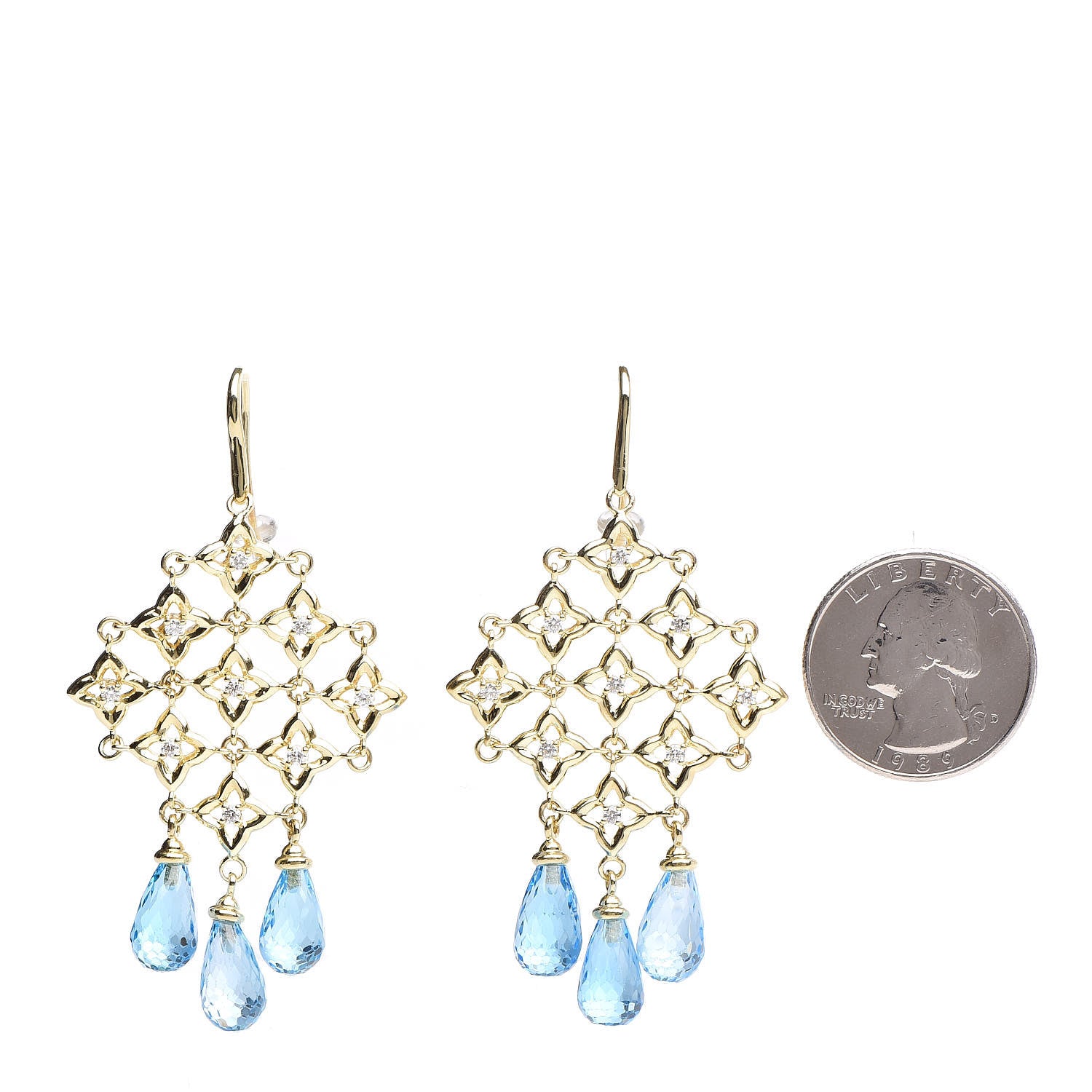 David Yurman 18K Yellow Gold Diamond Blue Topaz Quatrefoil Drop Earrings 2 of 3