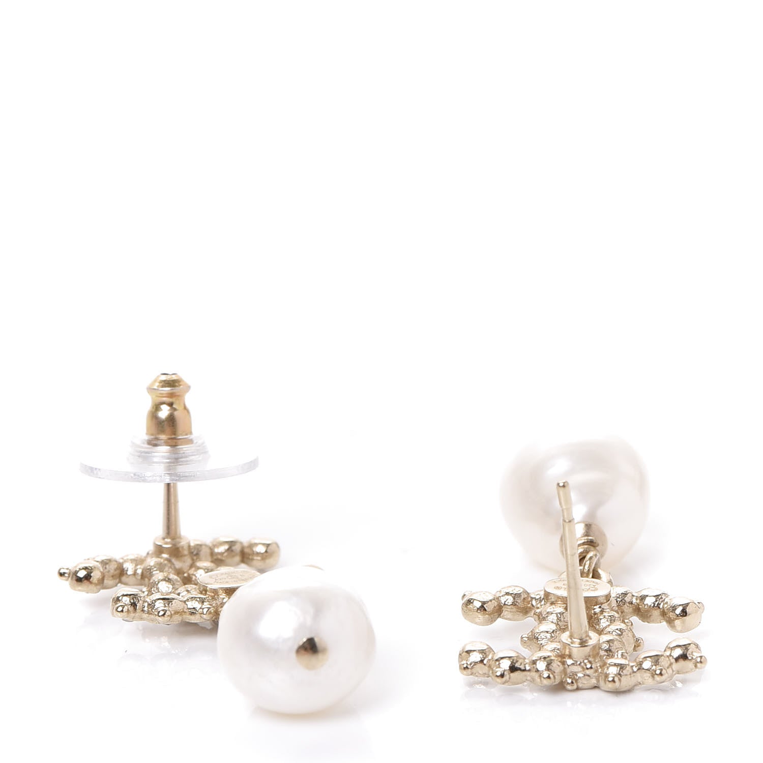 Chanel Pearl Crystal CC Drop Earrings Gold Pearly White 3 of 5