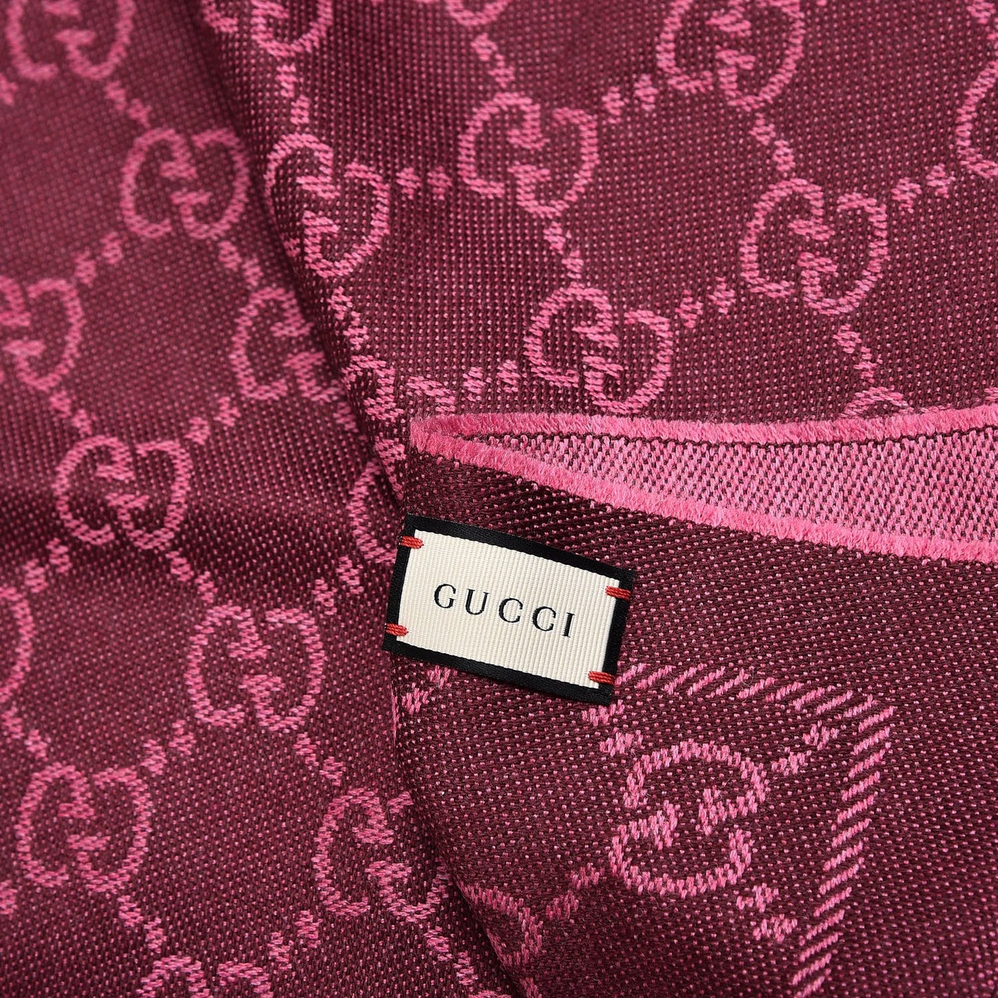 Wool Jacquard GG Monogram Sten Fringe Scarf Magenta Bordeaux