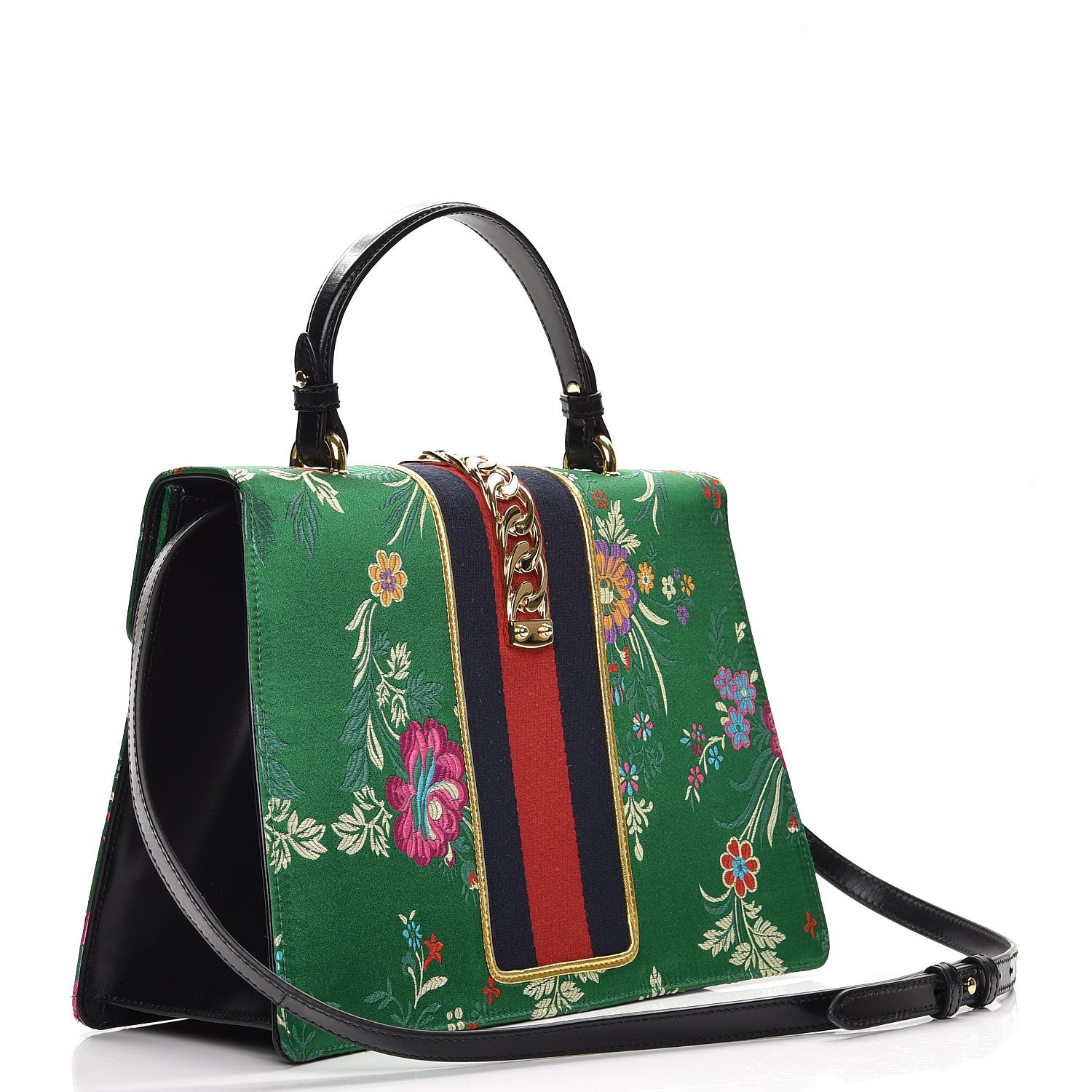 Gucci Jacquard Floral Medium Sylvie Top Handle Bag Green Multicolor Black 4 of 16