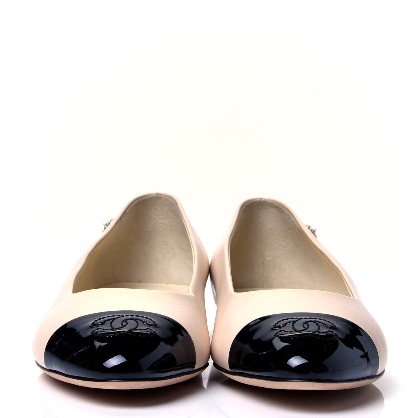 Lambskin Patent Cap Toe Ballerina Flats 38.5 Beige Black