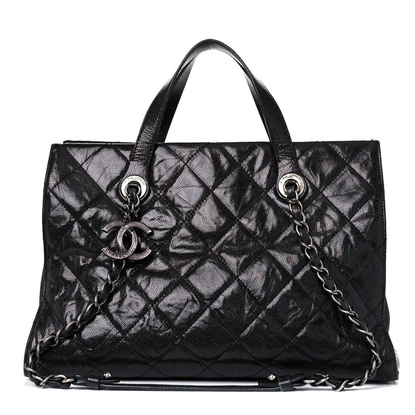 Crumpled Grained Calfskin Quilted CC Crave Tote Black