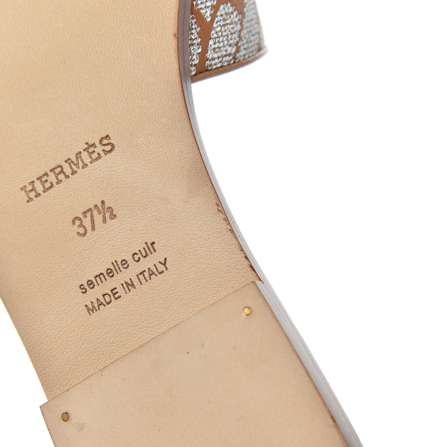 Hermes Embroidered Calfskin Oran Sandals 37.5 Naturel Gris Argente 9 of 13
