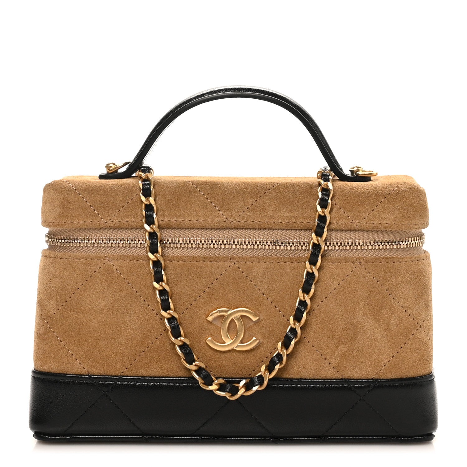 Chanel Suede Calfskin Shiny Lambskin Quilted Top Handle Slim Vanity Case With Chain Beige Black 1 of 11