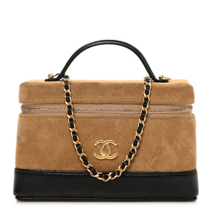 Chanel Suede Calfskin Shiny Lambskin Quilted Top Handle Slim Vanity Case With Chain Beige Black 1 of 11