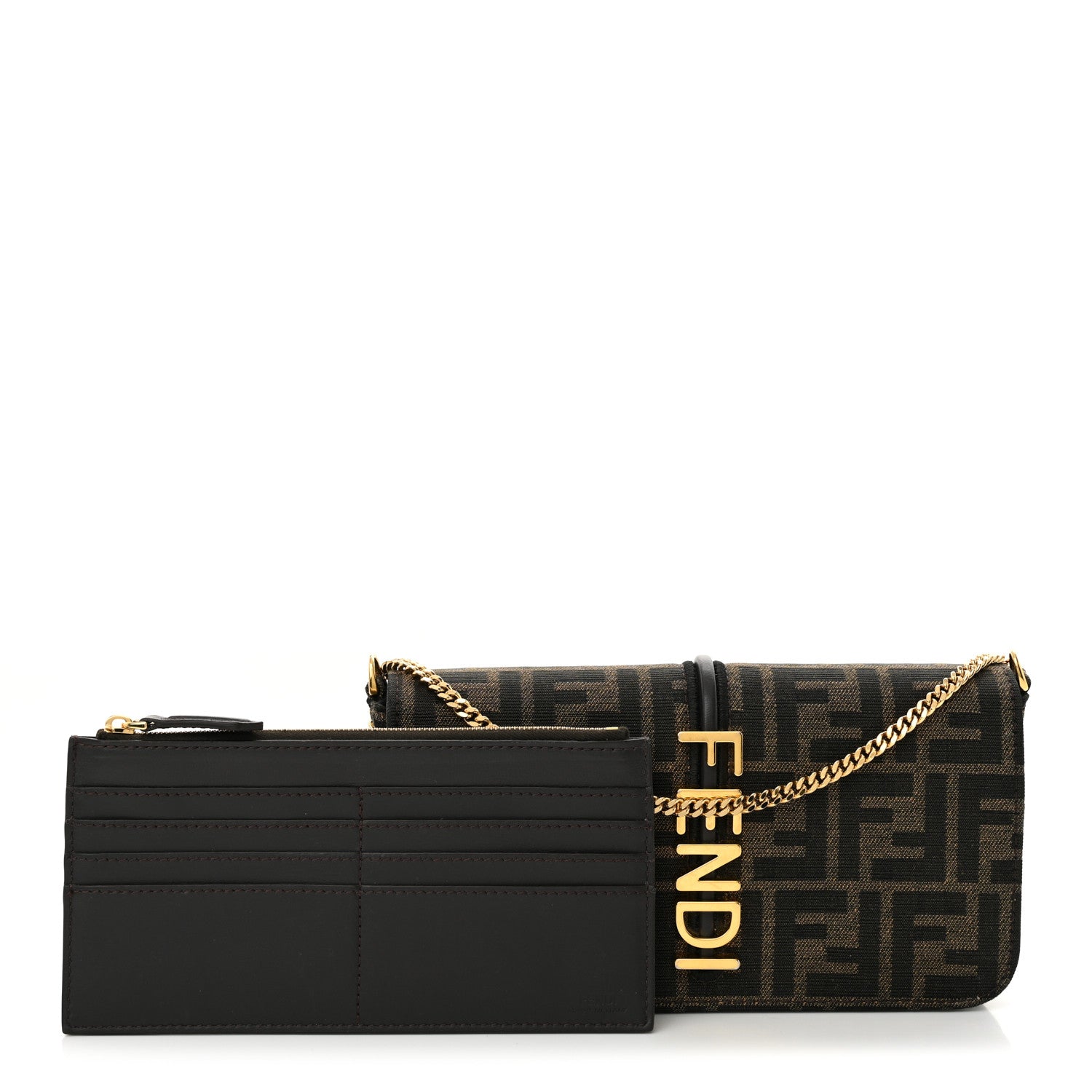 Fendi Fabric Jacquard Vitello Grace FF 1974 Fendigraphy Wallet On Chain Tobacco Moro Ebano 3 of 11