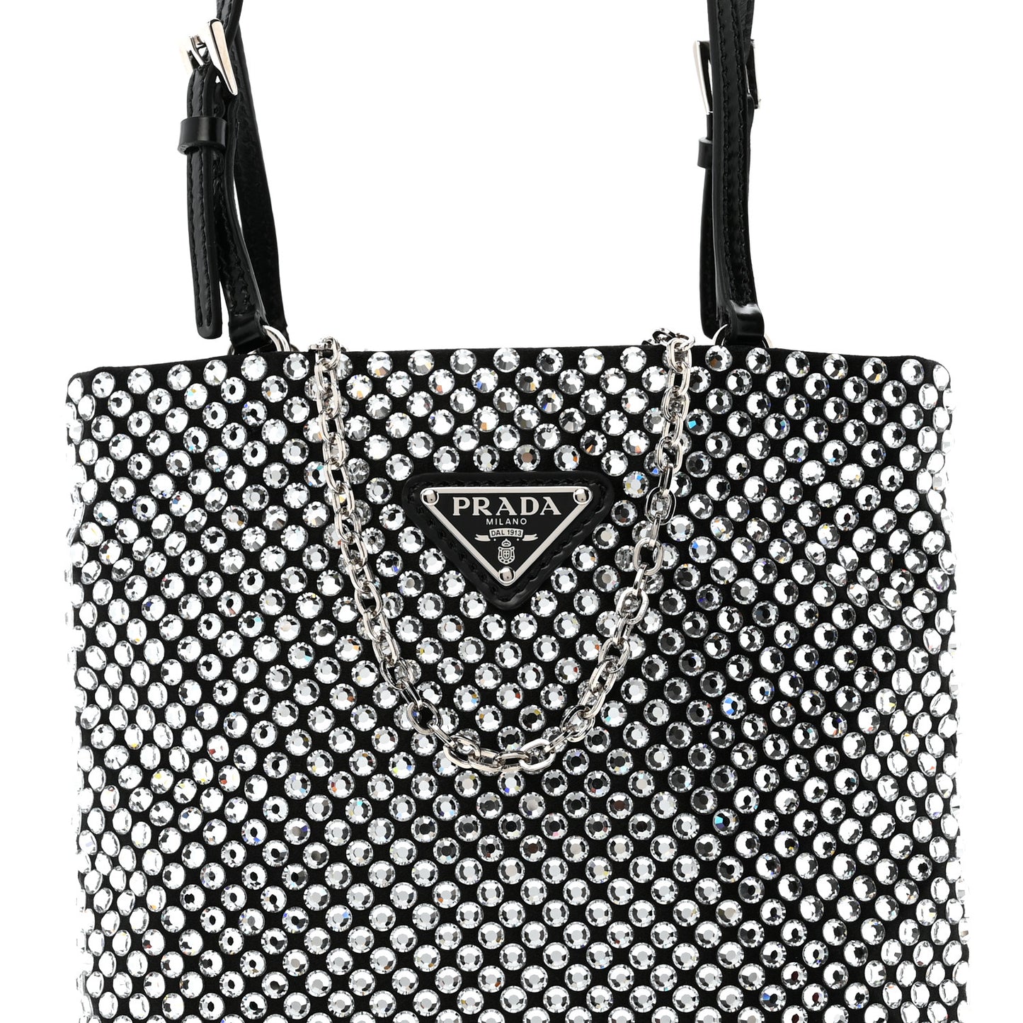 Satin Crystal Metal Triangle Logo Chain Crossbody Handbag Cristal