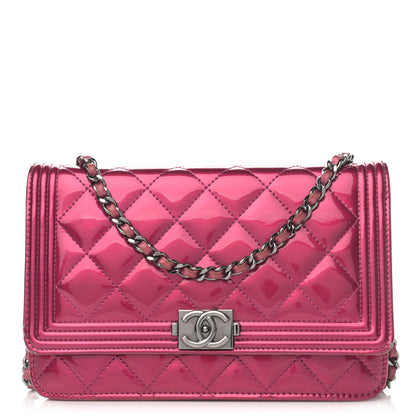 Chanel Metallic Patent Calfskin Quilted Boy Wallet On Chain WOC Fuchsia 1 of 20
