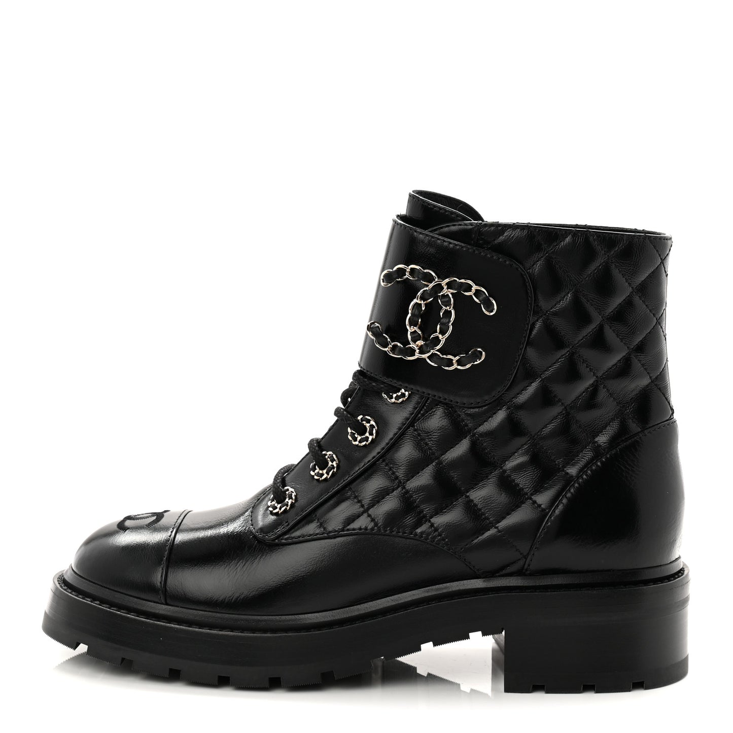 Shiny Calfskin Quilted Lace Up Combat Boots 39 Black