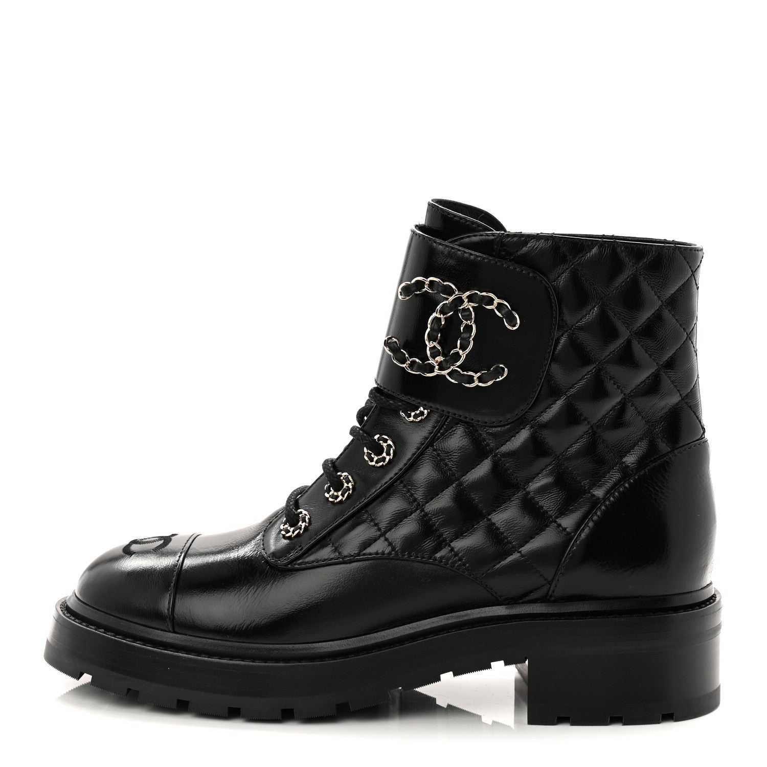 Chanel Shiny Calfskin Quilted Lace Up Combat Boots 39 Black 1 of 11