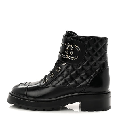 Chanel Shiny Calfskin Quilted Lace Up Combat Boots 39 Black 1 of 11