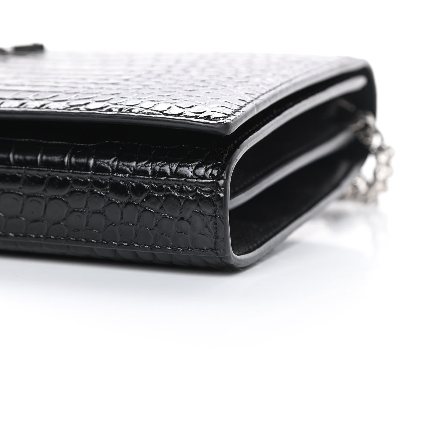 Saint Laurent Calfskin Crocodile Embossed Monogram Chain Wallet Black 10 of 15