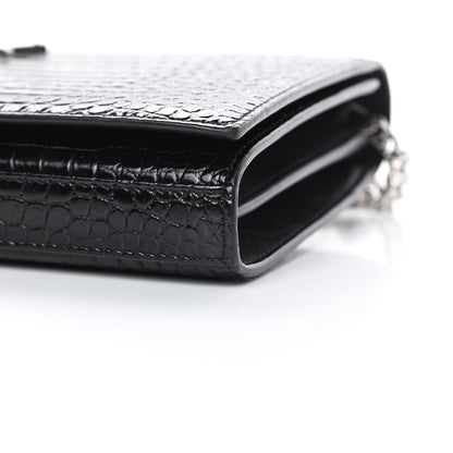 Saint Laurent Calfskin Crocodile Embossed Monogram Chain Wallet Black 10 of 15