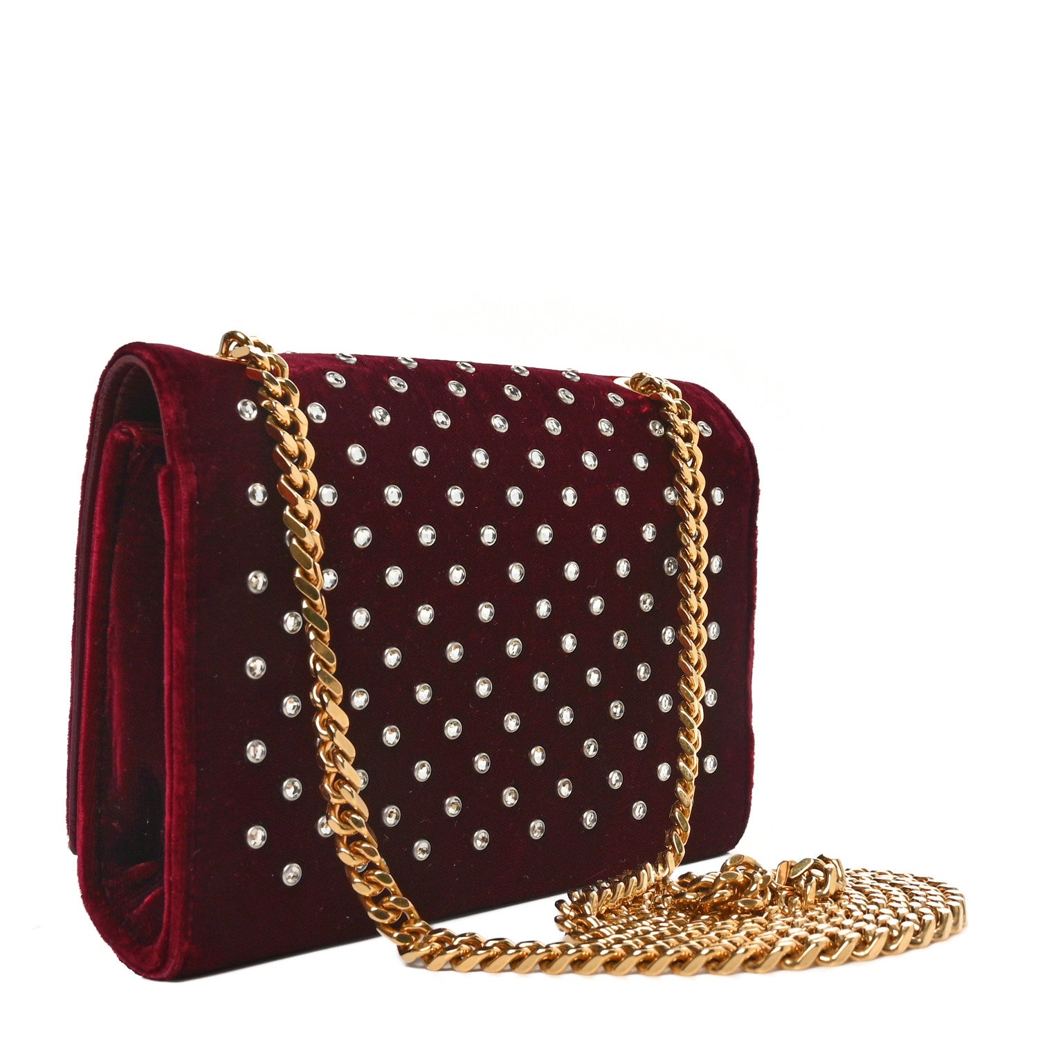 Saint Laurent Velvet Crystal Studded Monogram Small Kate Satchel Red 3 of 9