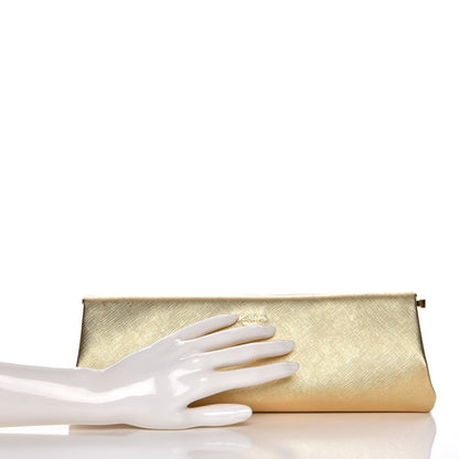 Prada Metallic Saffiano Lux East West Frame Clutch Platino 2 of 8