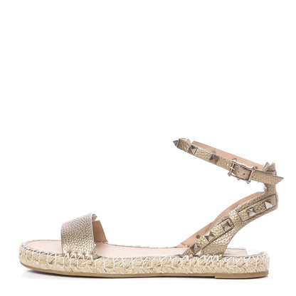 Valentino Garavani Metallic Calfskin Rockstud Ankle Strap Espadrille Flat Sandals 39 Skin 1 of 8