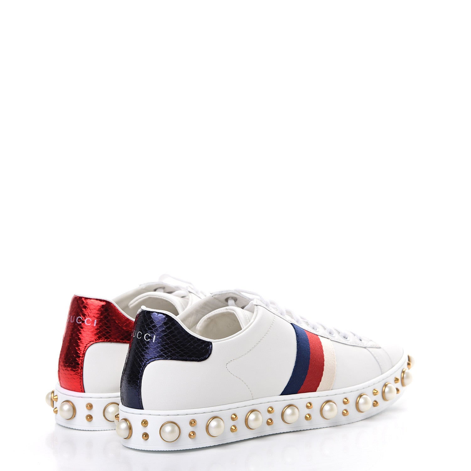 Gucci Calfskin Ayers Web Pearl Studded Womens Ace Sneakers Sneakers 39 White 4 of 8