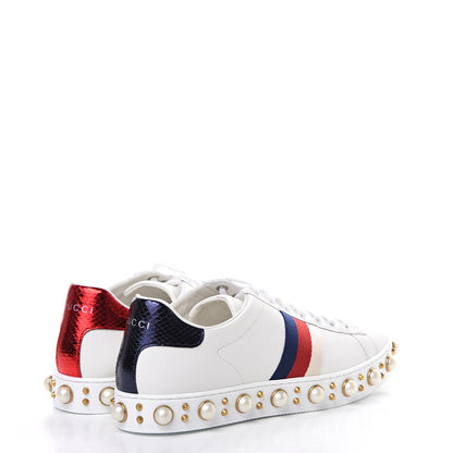 Gucci Calfskin Ayers Web Pearl Studded Womens Ace Sneakers Sneakers 39 White 4 of 8