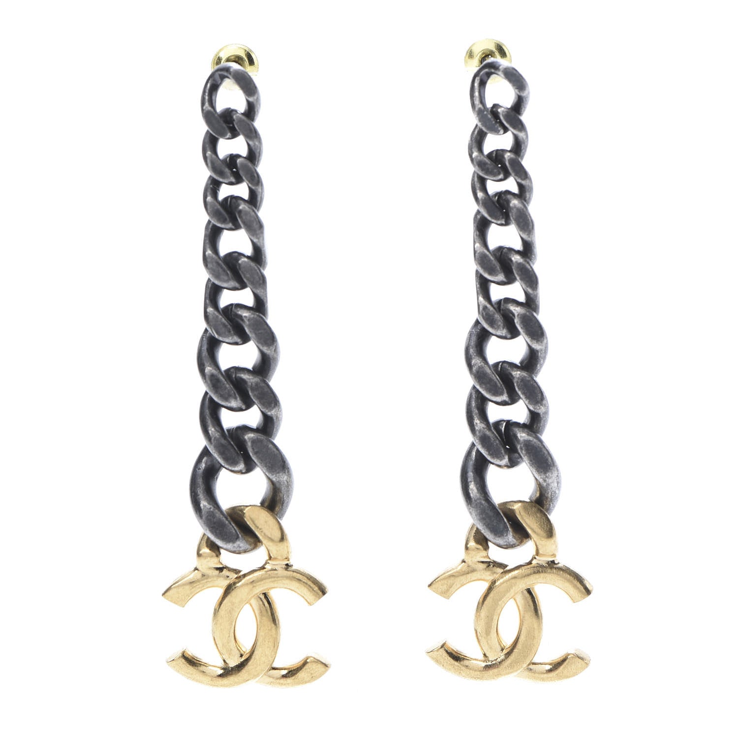Chanel Metal CC Pick Drop Earrings Ruthenium Gold 1 of 5