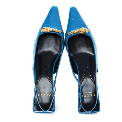 Gucci Calfskin Crocodile Print Square Slingback Pumps 37.5 Bright Sapphire 2 of 10