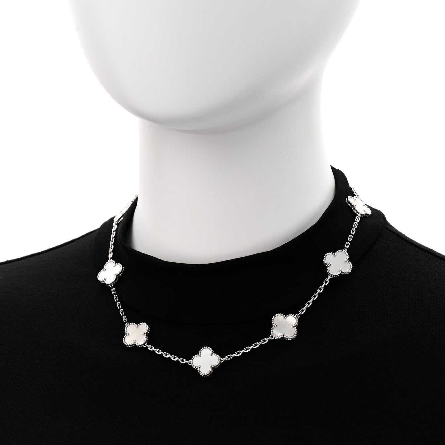 18K White Gold Mother of Pearl 10 Motifs Vintage Alhambra Necklace