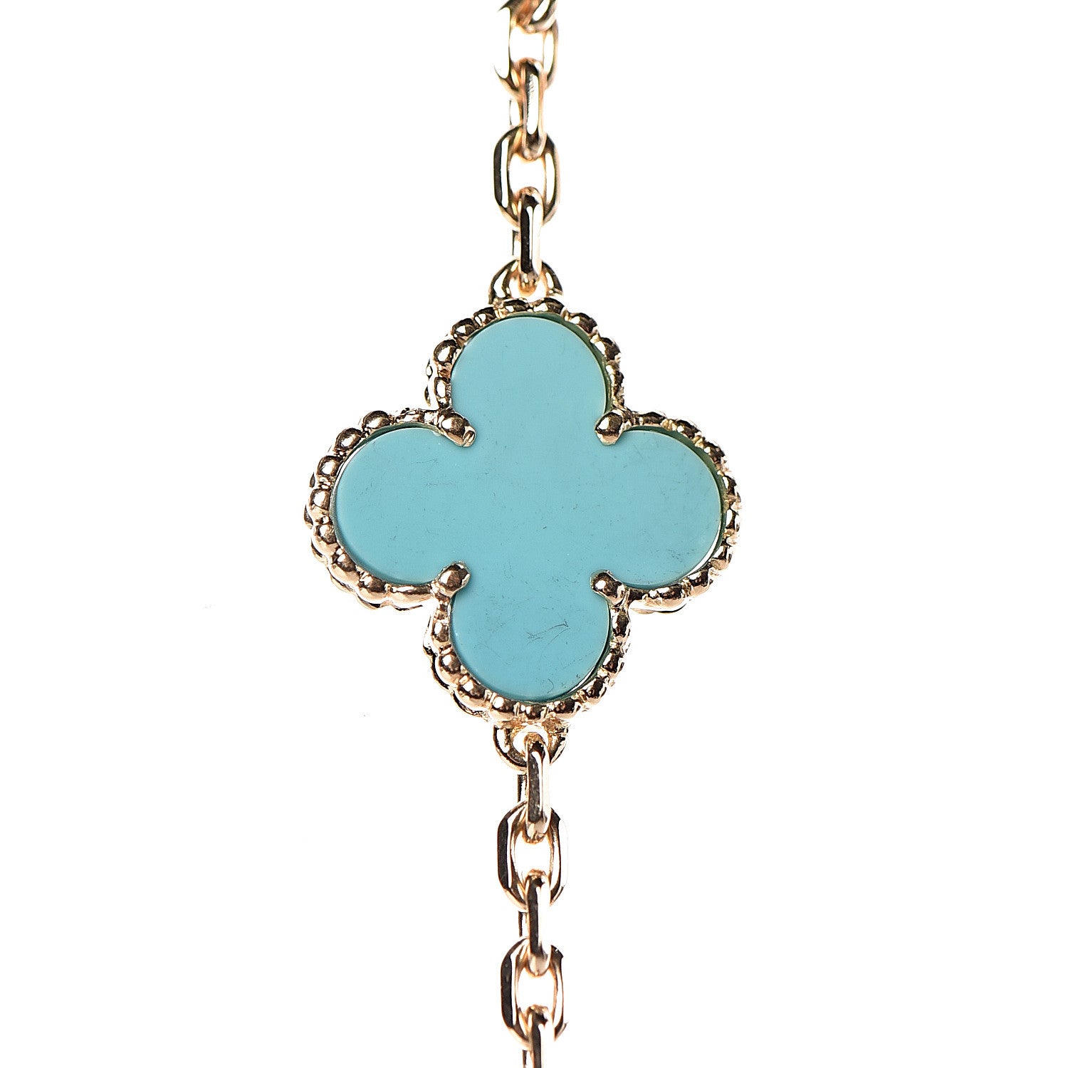 Van Cleef & Arpels 18K Yellow Gold Turquoise 10 Motifs Vintage Alhambra Necklace 10 of 15