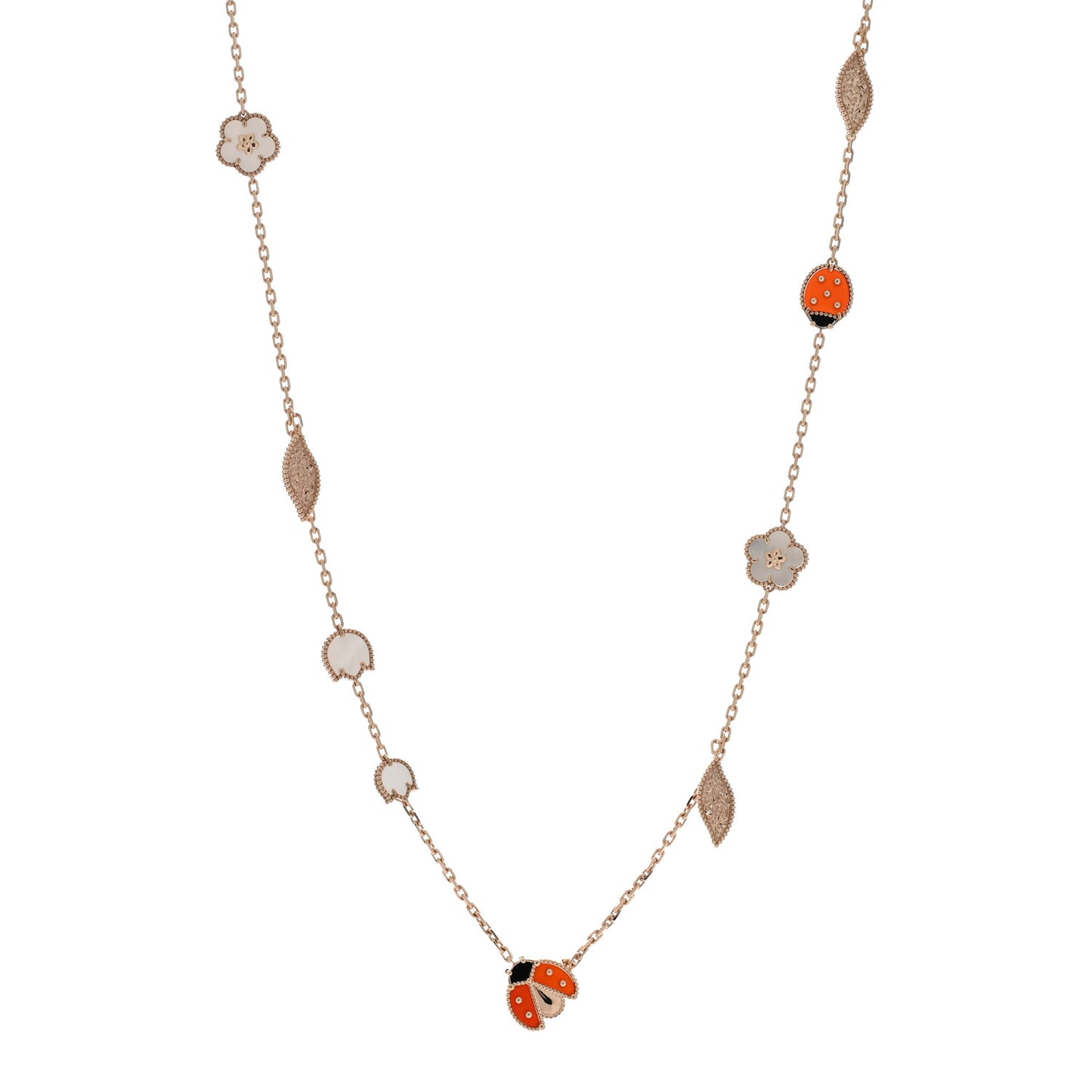 18K Rose Gold Mother of Pearl Carnelian Onyx 15 Motifs Lucky Spring Long Necklace