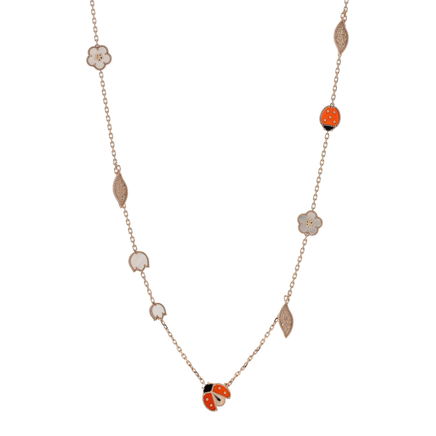 Van Cleef & Arpels 18K Rose Gold Mother of Pearl Carnelian Onyx 15 Motifs Lucky Spring Long Necklace 1 of 5