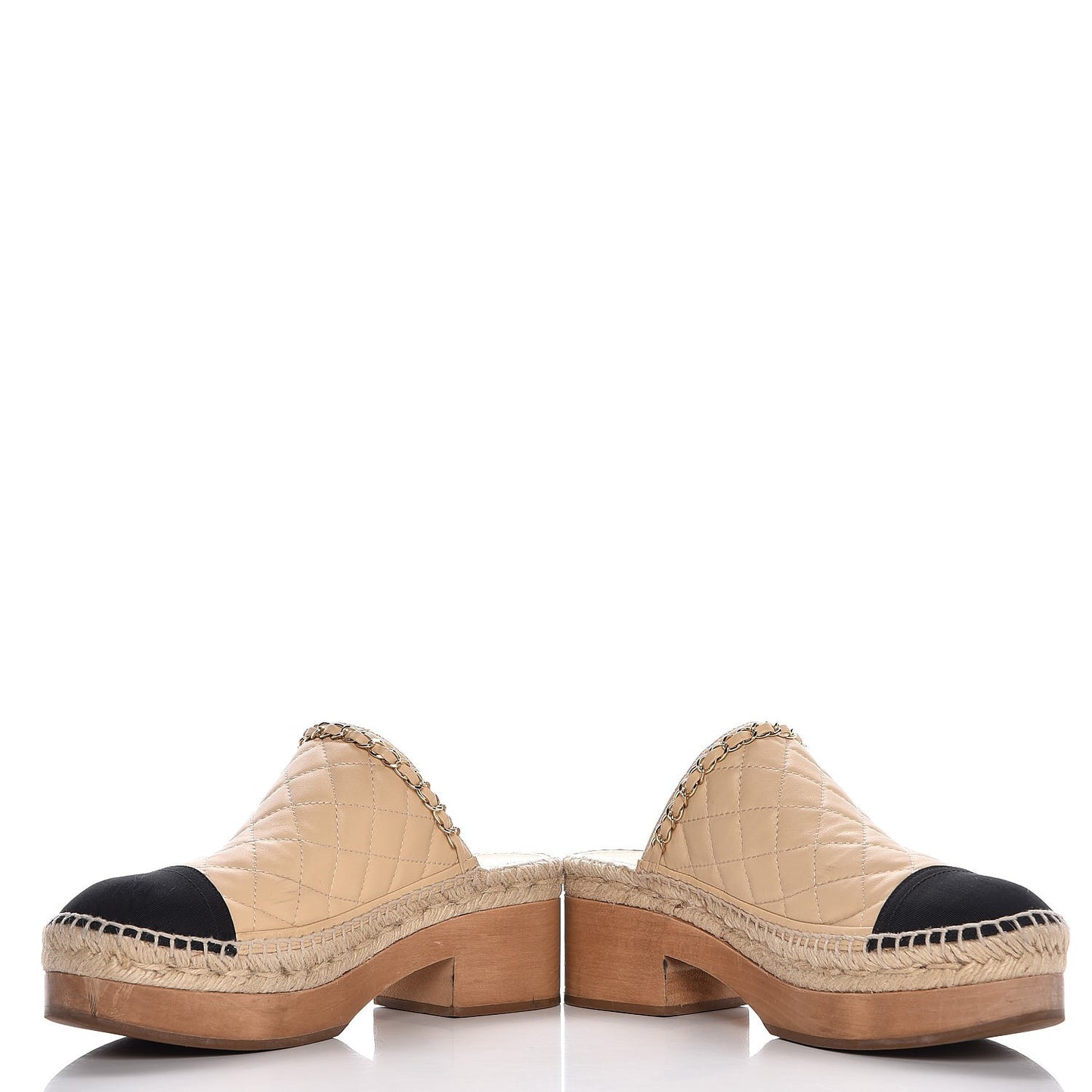 Lambskin Grosgrain Quilted CC Chain Espadrille Mules 39 Beige Black