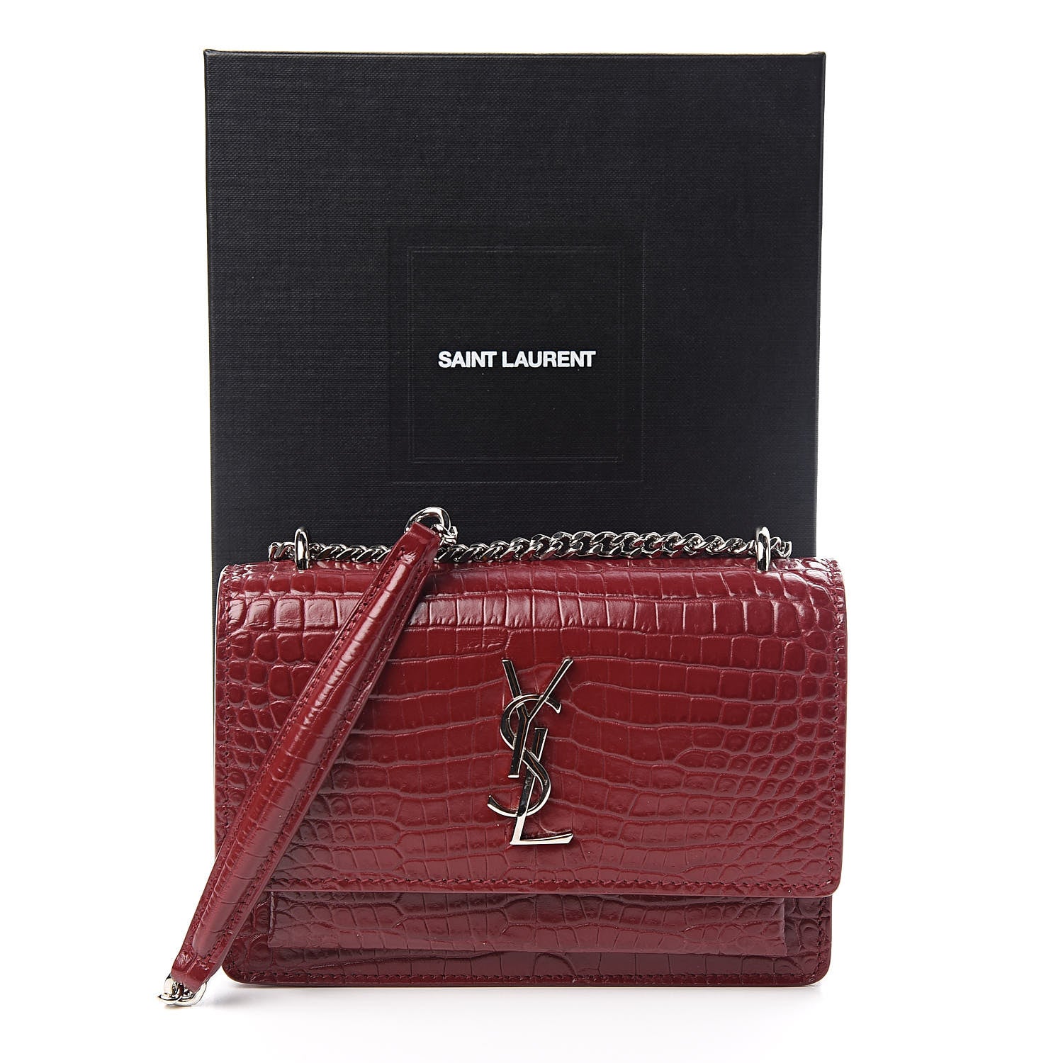 Saint Laurent Calfskin Crocodile Embossed Monogram Sunset Chain Wallet Palissandre 11 of 11