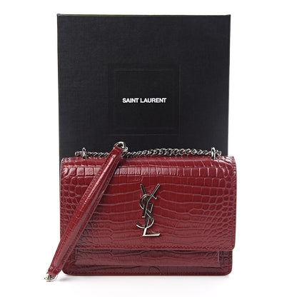 Saint Laurent Calfskin Crocodile Embossed Monogram Sunset Chain Wallet Palissandre 11 of 11