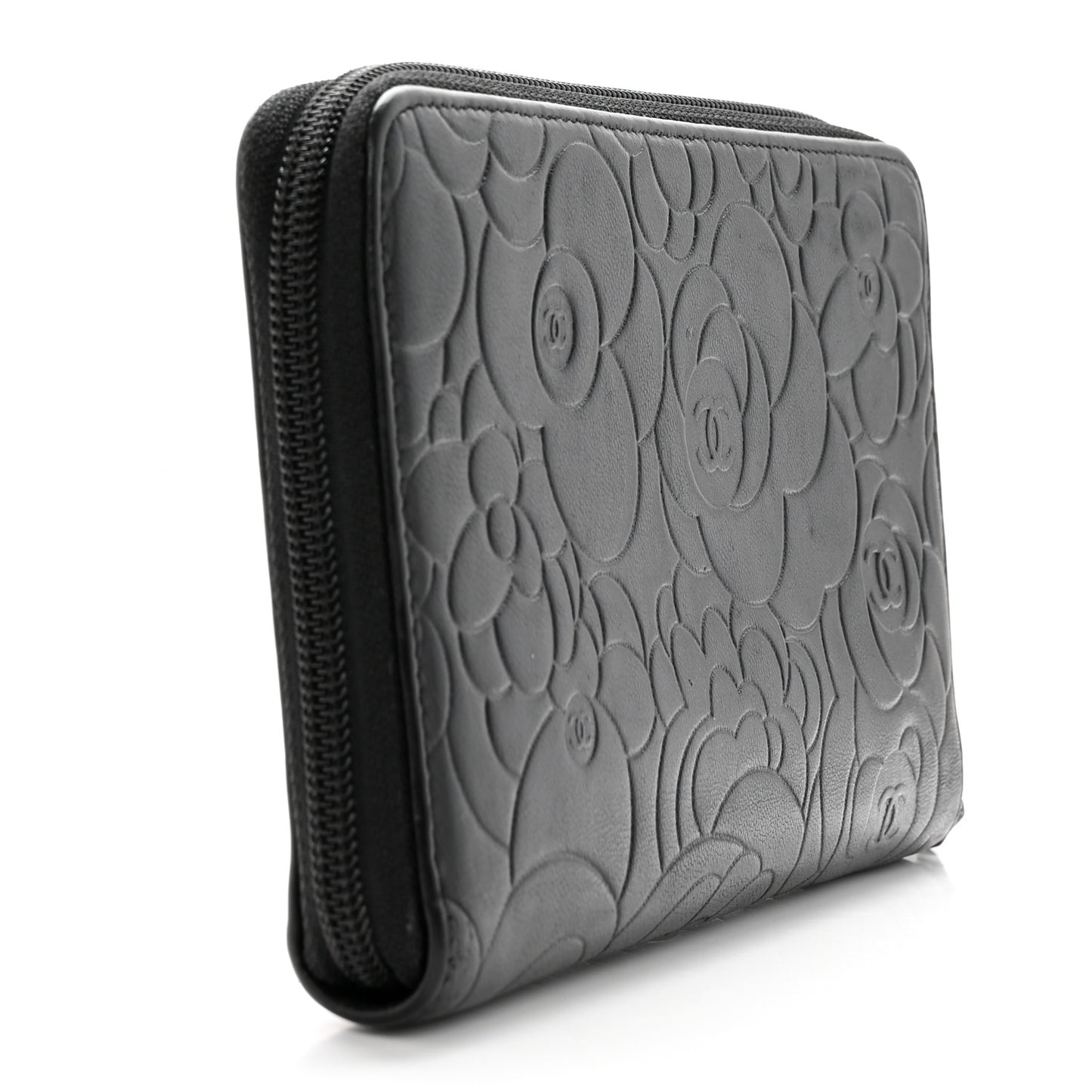 Lambskin Camellia Embossed Zip Around Organizer Wallet Black