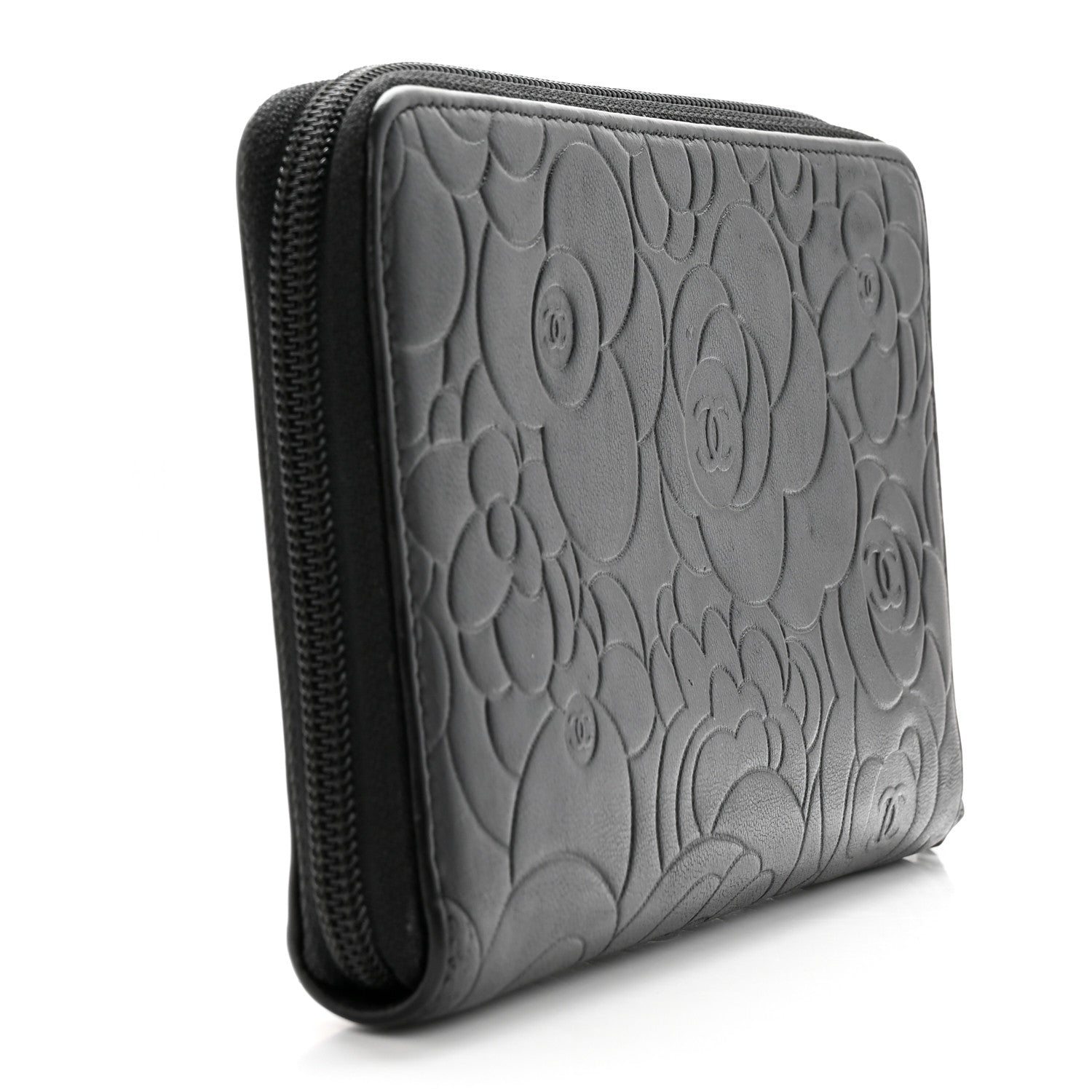 Chanel Lambskin Camellia Embossed Zip Around Organizer Wallet Black 3 of 16