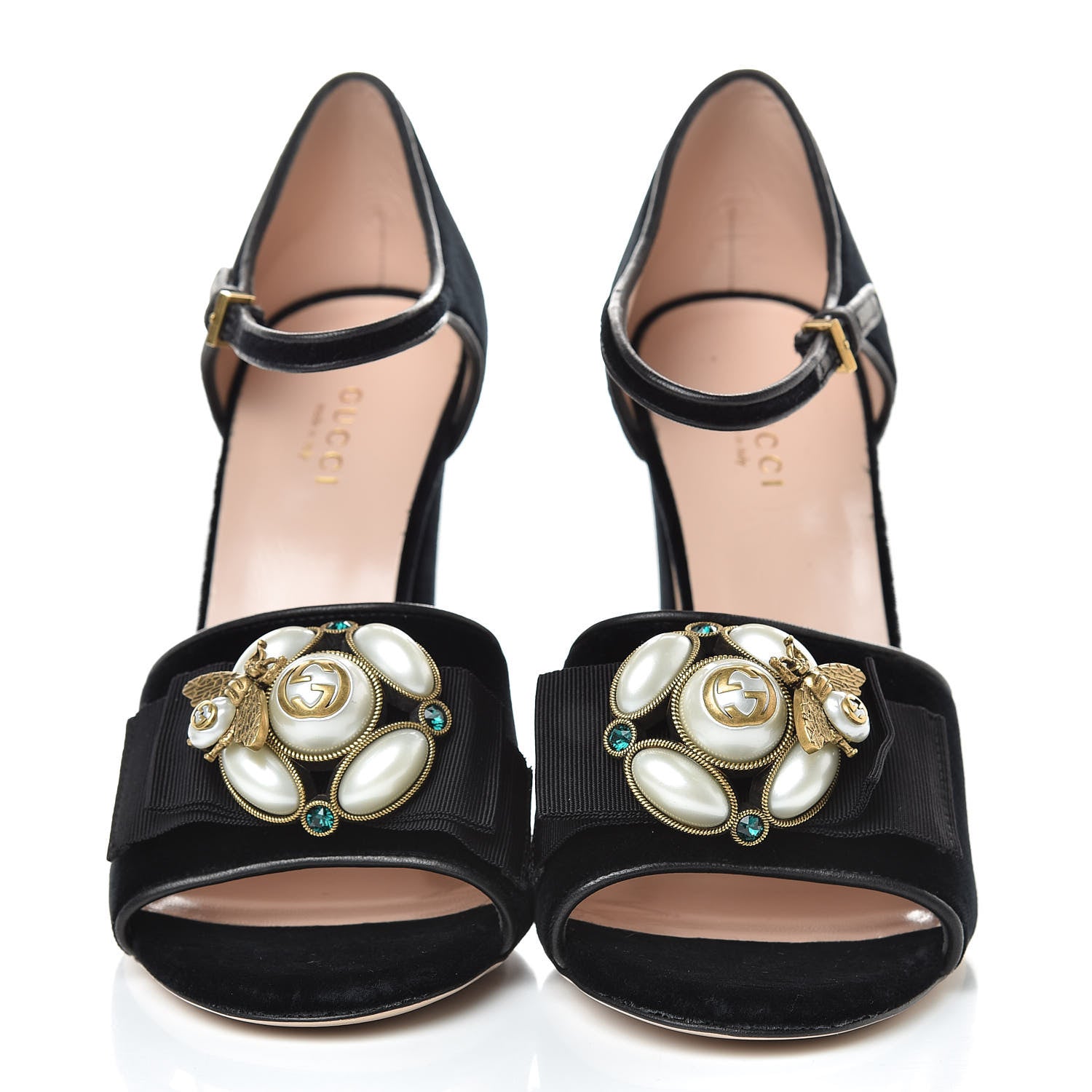 Gucci Velvet Pearl Bee Embellished Sandals 38 Black 2 of 15