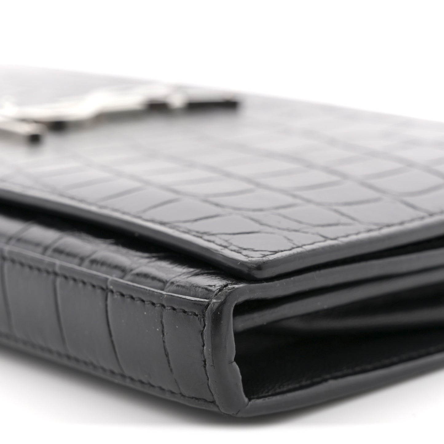 Crocodile Embossed Calfskin Monogram Chain Wallet Black