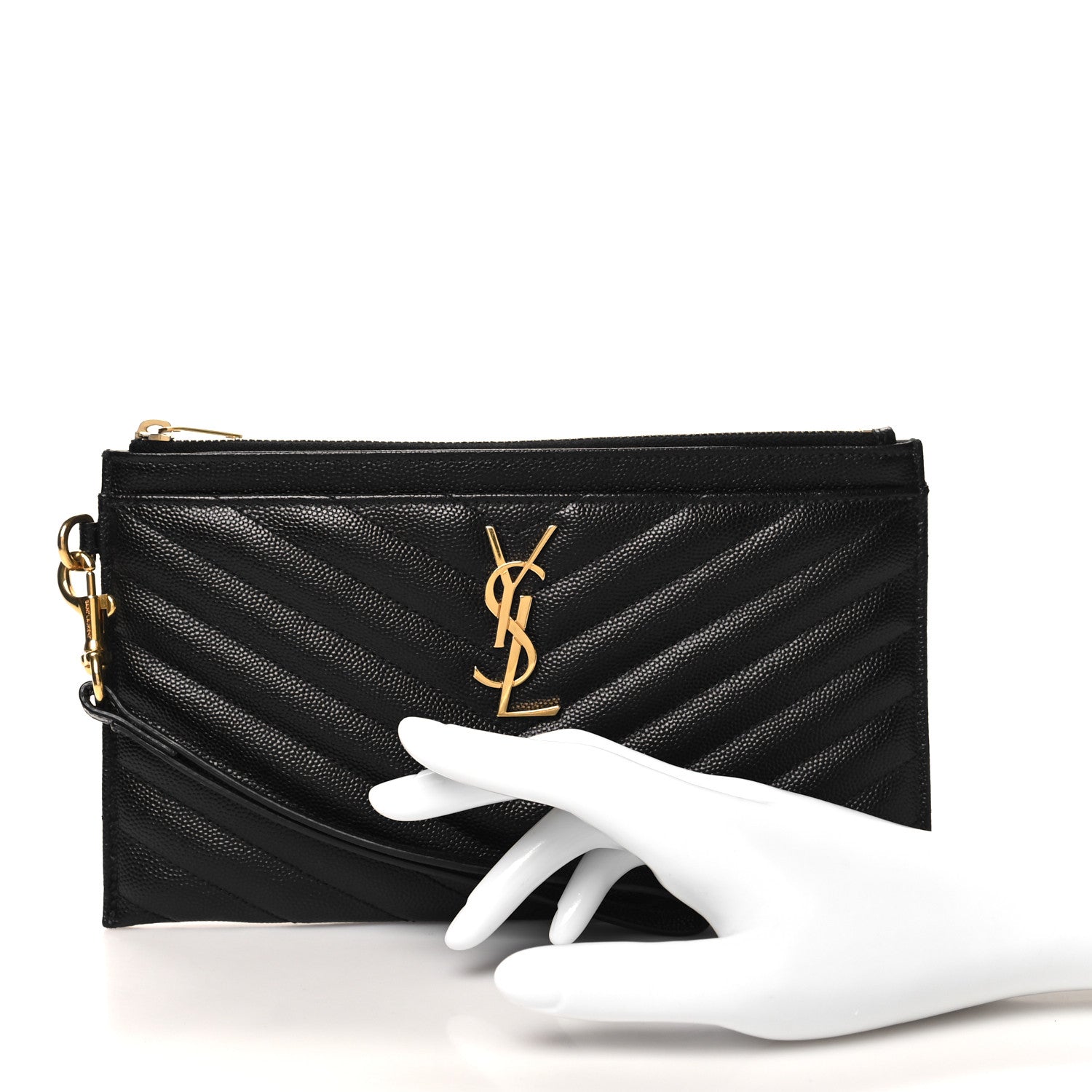 Saint Laurent Grain De Poudre Chevron Monogram Large Bill Pouch Black 2 of 13